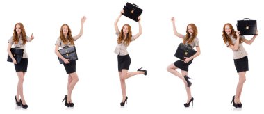 Genç ve güzel çalışan beyaz izole evrak çantası ile