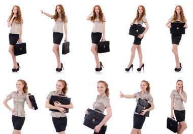 Genç ve güzel çalışan beyaz izole evrak çantası ile