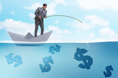 Balıkçı kağıt tekneden para alıyor.