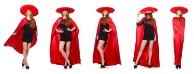 Kırmızı elbiseli Meksikalı kadın beyaz üzerine