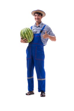 Beyaz izole karpuz ile genç çiftçi