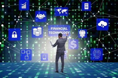 Fintech konseptinde düğmelere basan iş adamı