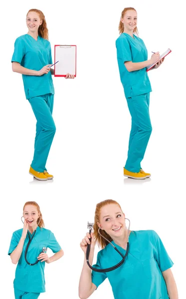 Donna-medico con raccoglitore isolato su bianco — Foto Stock