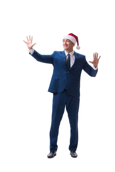 Jovem empresário vestindo chapéu de Papai Noel no conceito de Natal em branco — Fotografia de Stock