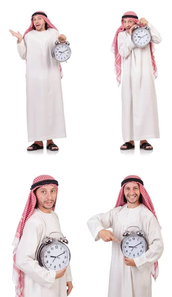Uomo arabo nel concetto di tempo sul bianco — Foto Stock