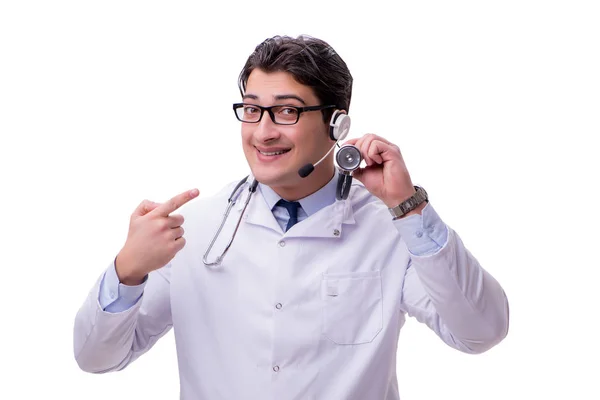 Genç doktor ile üzerine beyaz izole telefon kulaklık — Stok fotoğraf