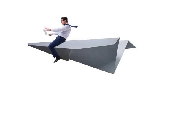 Businessman flying on paper plane in business concept — Stock Photo, Image