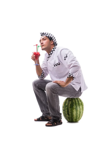 Young male cook with watermelon isolated on white — Stock Photo, Image