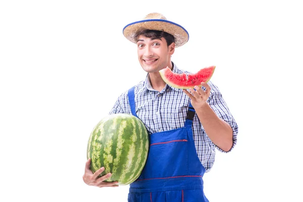 Joven agricultor con sandía aislada sobre blanco — Foto de Stock