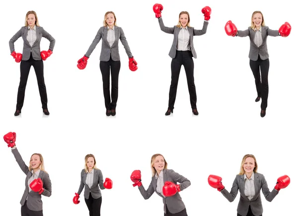 Woman businesswoman with boxing gloves on white — Stock Photo, Image