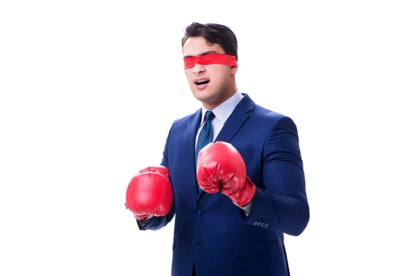 Abogado con los ojos vendados usando guantes de boxeo aislados en blanco — Foto de Stock