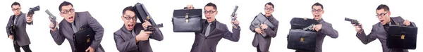 Смішний бізнесмен з пістолетом на білому — стокове фото