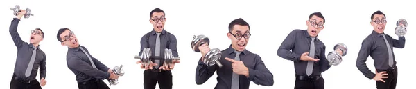 Funny businessman with dumbbells isolated on white — Stock Photo, Image