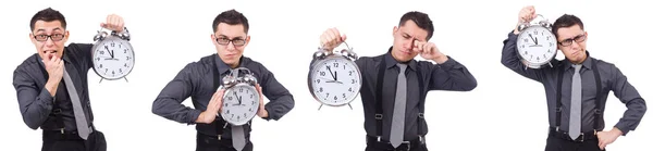 Αστεία επιχειρηματίας με το ρολόι που απομονώνονται σε λευκό — Φωτογραφία Αρχείου