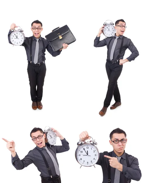 Homme d'affaires drôle avec horloge isolé sur blanc — Photo