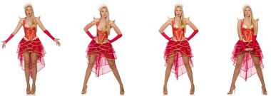 Kırmızı elbiseli kadın beyaz giyindi.