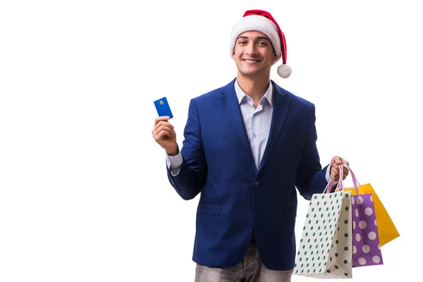 Молодий чоловік з сумками після різдвяних покупок на білому тлі — стокове фото
