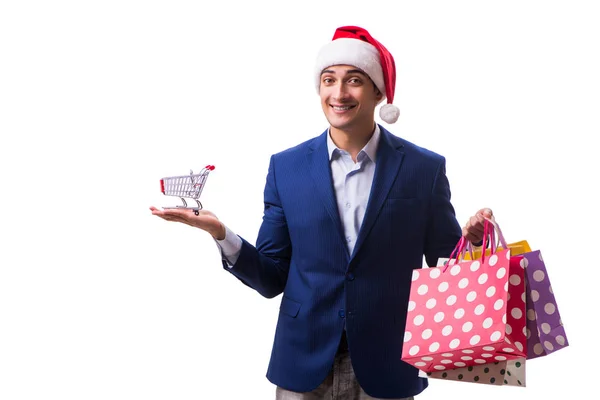 Young man with bags after christmas shopping on white background — Stock Photo, Image