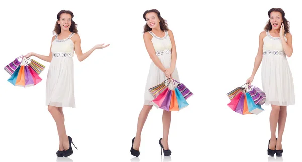 Set di donna con shopping bags su bianco — Foto Stock