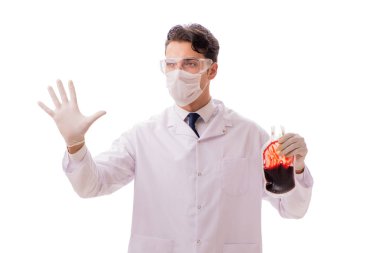 Kan bağışı konsepti olan doktor beyaza izole edilmiş.