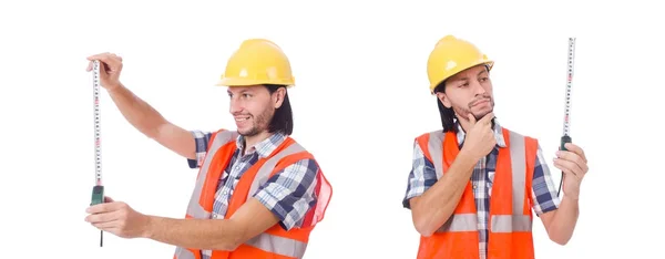 Byggnadsarbetare med tape-line isolerad på vit — Stockfoto