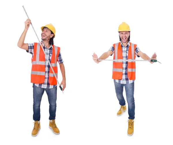 Byggnadsarbetare med tape-line isolerad på vit — Stockfoto