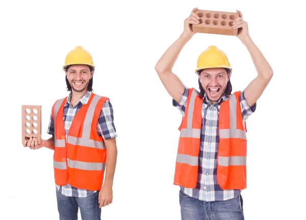 Jonge metselaar met baksteen geïsoleerd op wit — Stockfoto