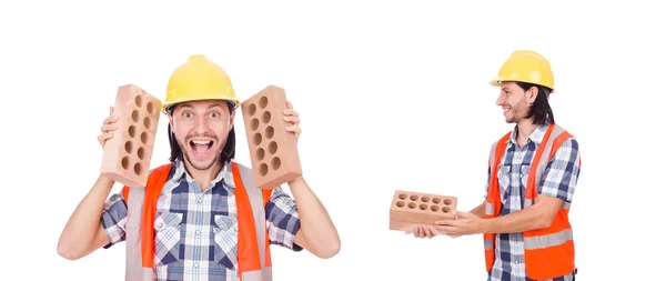 Construtor com tijolos de argila isolados em branco — Fotografia de Stock