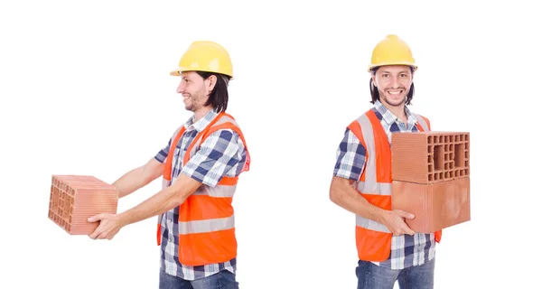 Constructeur avec briques d'argile isolées sur blanc — Photo