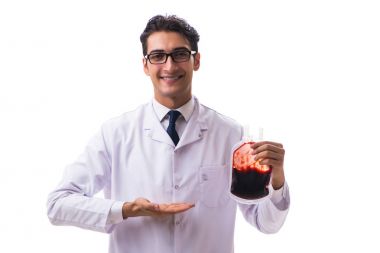 Kan bağışı konsepti olan doktor beyaza izole edilmiş.