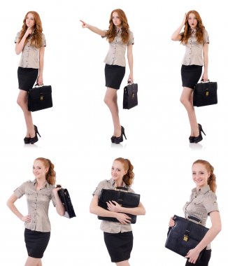 Genç ve güzel çalışan beyaz izole evrak çantası ile