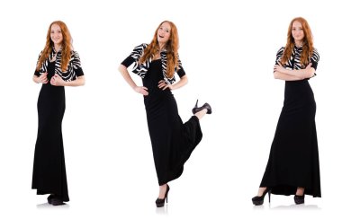 siyah elbise üzerine beyaz izole redhead