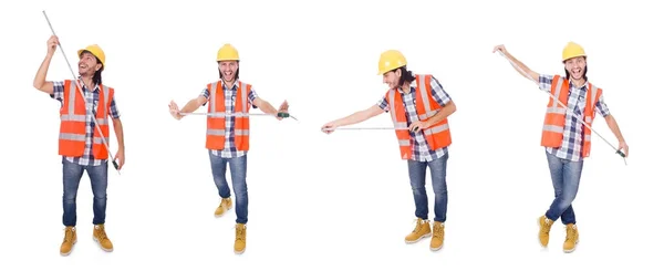 Bauarbeiter mit Klebeband isoliert auf weiß — Stockfoto