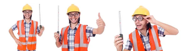 Vtipné constructon pracovník s páskou line izolovaných na bílém — Stock fotografie