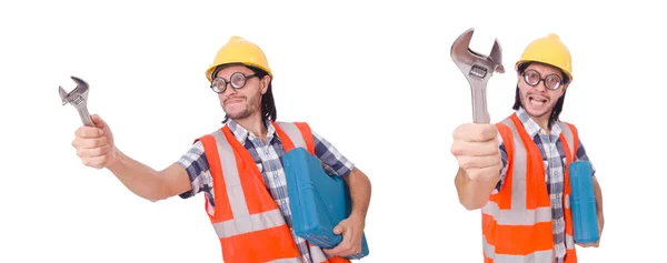 Funny joven trabajador de la construcción con caja de herramientas y llave aislada —  Fotos de Stock