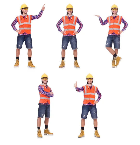Young construction worker pressing vurtual button isolated on wh — Stock Photo, Image