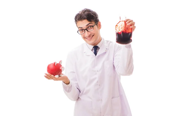 Doutor em doação de sangue conceito isolado em branco — Fotografia de Stock