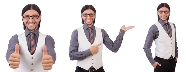Jonge man in grijs shirt geïsoleerd op wit — Stockfoto