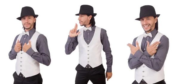 Hombre joven en camisa gris y sombrero negro aislado en blanco —  Fotos de Stock