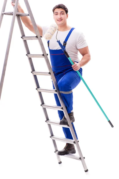 Jonge schilder met ladder geïsoleerd op witte achtergrond — Stockfoto