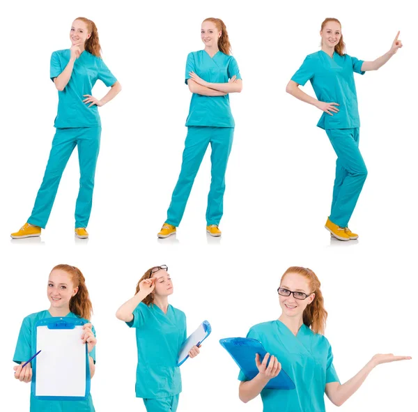 Mujer-médico sonriente en uniforme aislado en blanco —  Fotos de Stock