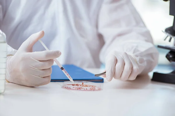 Químico trabalhando no laboratório com produtos químicos perigosos — Fotografia de Stock