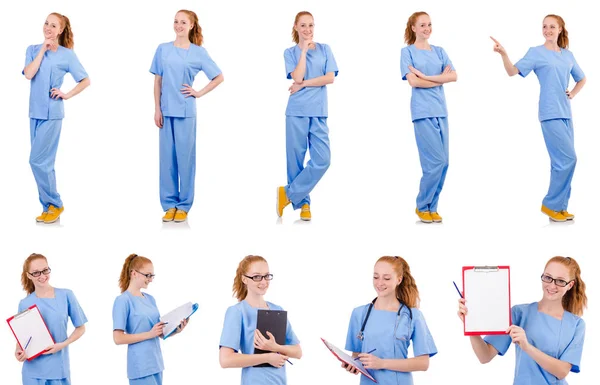 파란색 유니폼을 입고 흰색 절연 예쁜 의사 — 스톡 사진