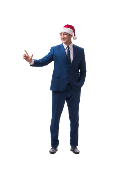 Młody busnessman kapeluszu santa w Boże Narodzenie koncepcja na białym tle — Zdjęcie stockowe