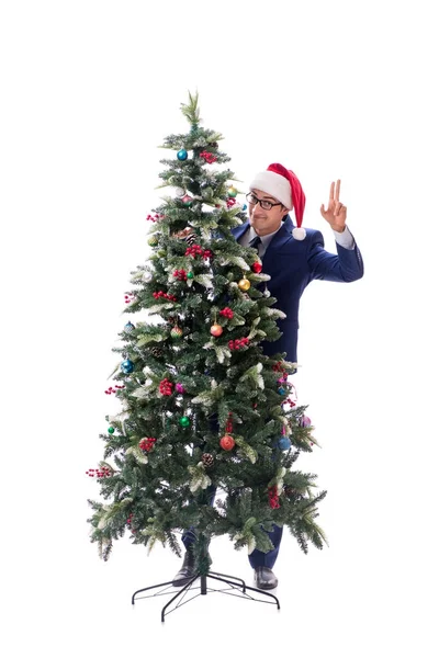 Uomo d'affari decorazione albero di Natale isolato su bianco — Foto Stock