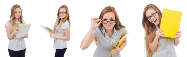 Junge Studentin mit Büchern auf weiß — Stockfoto