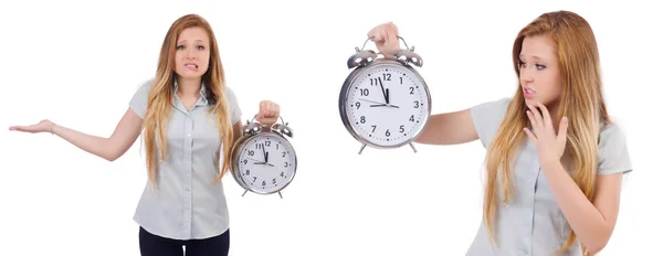 Ung kvinna med klockan på vit — Stockfoto