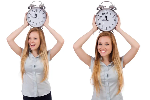 Young woman with clock on white — Stock Photo, Image