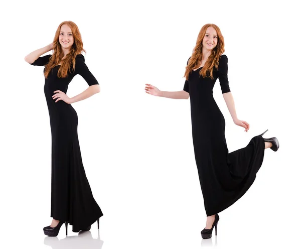 Redhead in black dress isolated on white — Stock Photo, Image