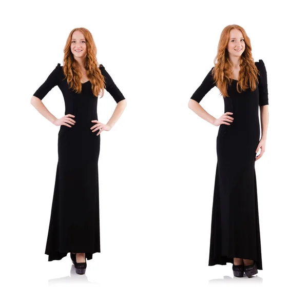 Redhead in black dress isolated on white — Stock Photo, Image